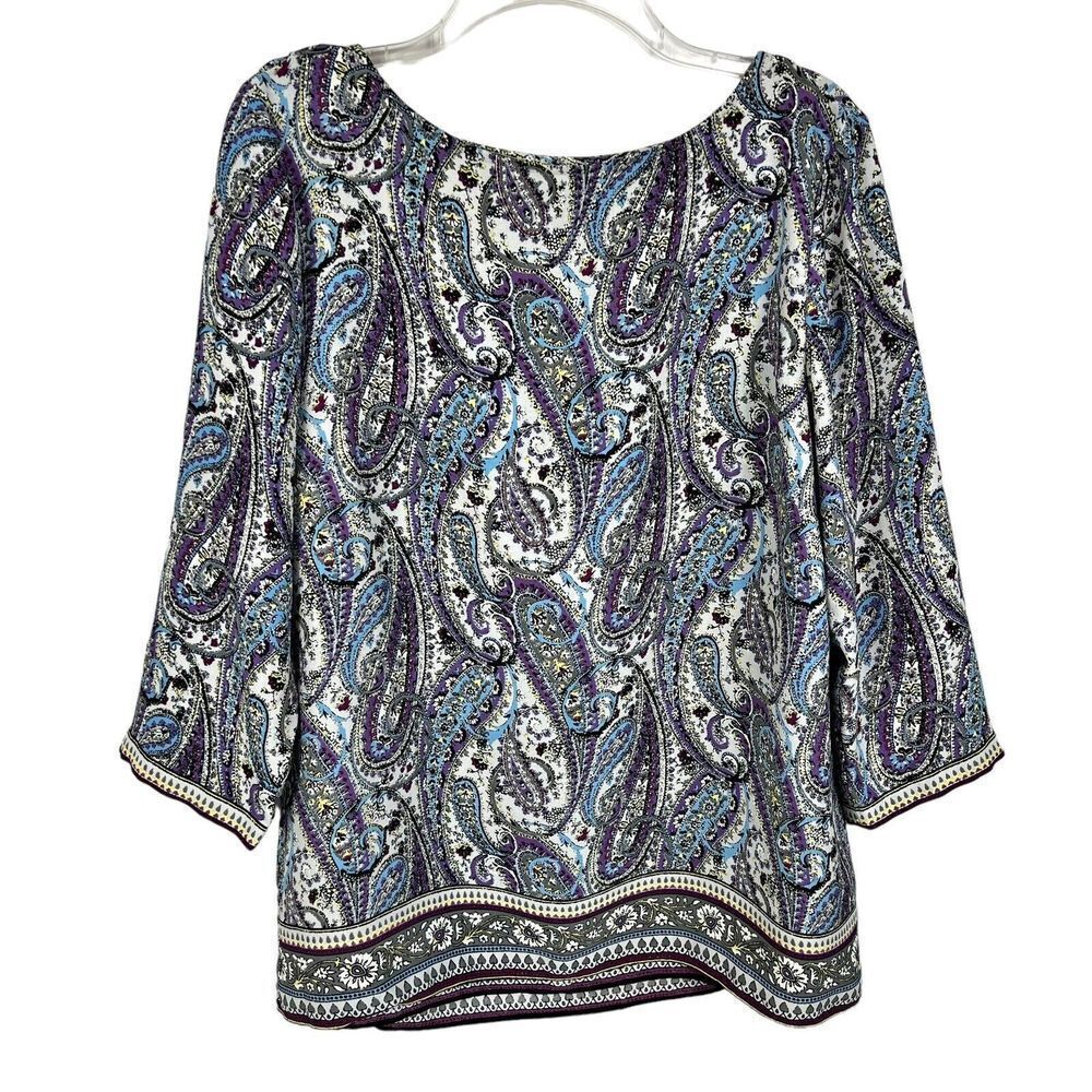 J. Jill Adara Purple Paisley 3/4 Sleeve Faux Wrap Back Popover Top Blouse Sz XL